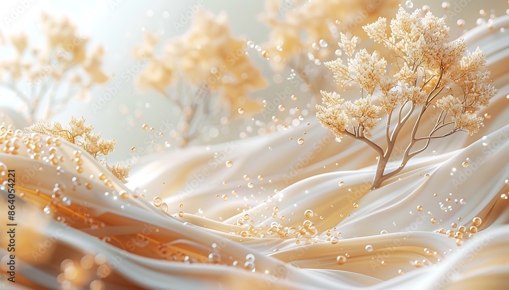 3d render, abstract background with soft white fabric and golden flowers 3d render, abstract background with soft white fabric and golden flowers