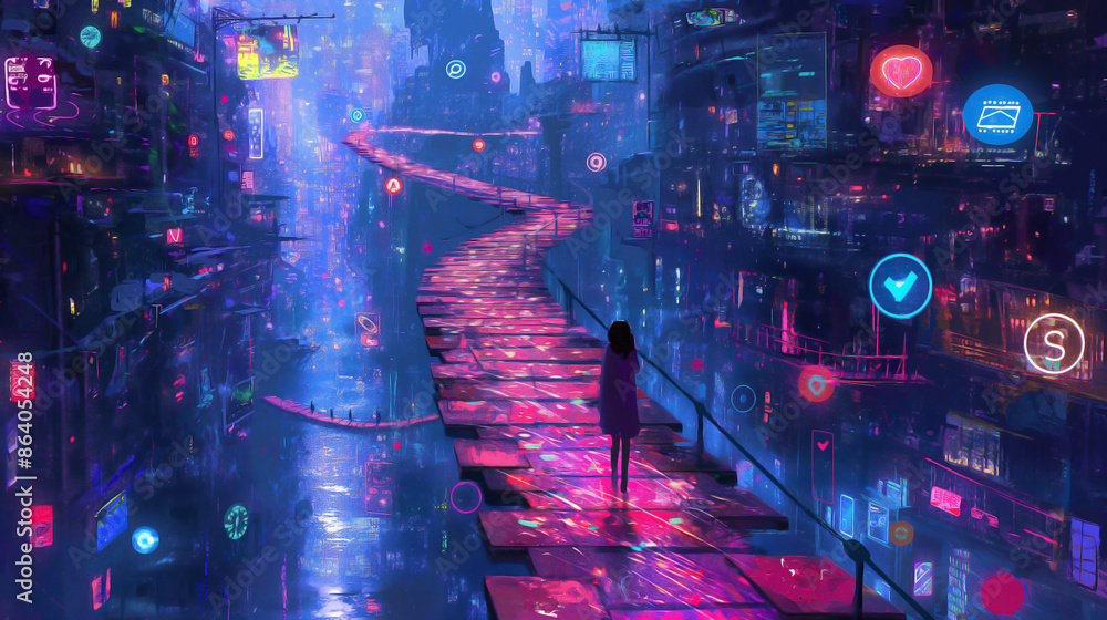 A futuristic digital landscape with a glowing path of footprints made of binary code and digital symbols A futuristic digital landscape with a glowing path of footprints made of binary code and digital symbols
