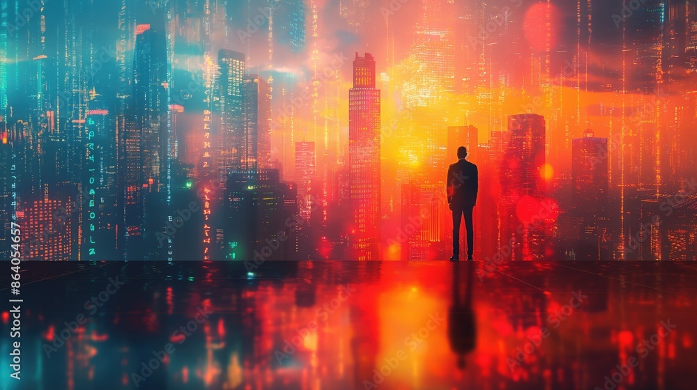 Silhouette of Man in Futuristic Digital City Silhouette of Man in Futuristic Digital City