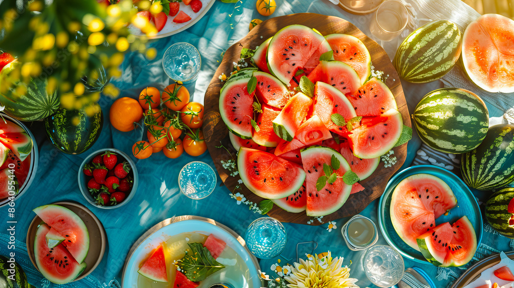 Celebrating national watermelon day with slices of refreshing watermelon and summer fruits Celebrating national watermelon day with slices of refreshing watermelon and summer fruits