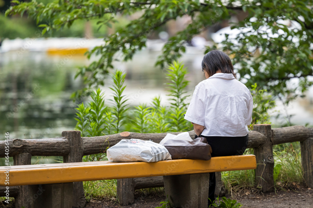Φωτογραφία 一人で公園のベンチに座る孤独な中年女性のイメージ