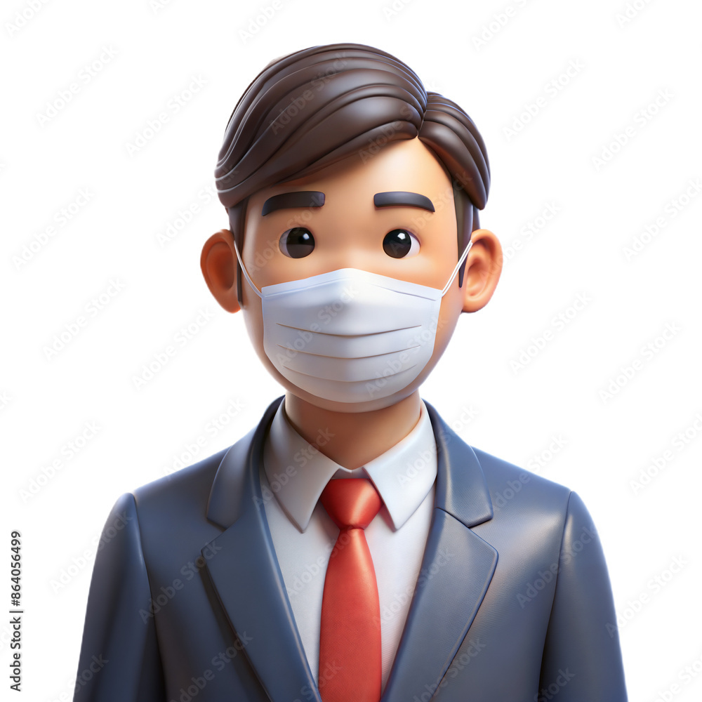 3D illustration of a business person wearing a suit, red tie, and face mask 3D illustration of a business person wearing a suit, red tie, and face mask