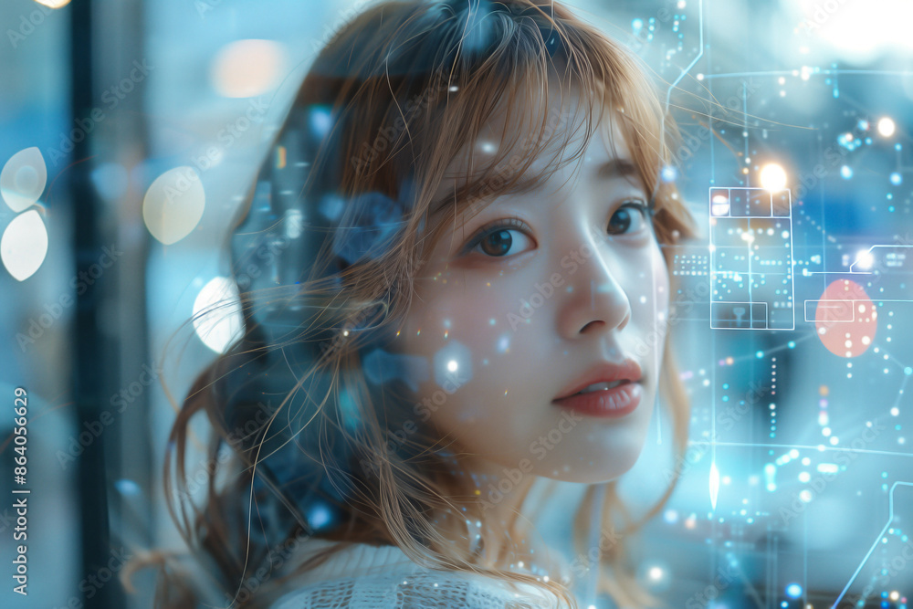 An Overlay frame of AI and Cloud Computing with Asian woman's face in Amazing expression An Overlay frame of AI and Cloud Computing with Asian woman's face in Amazing expression
