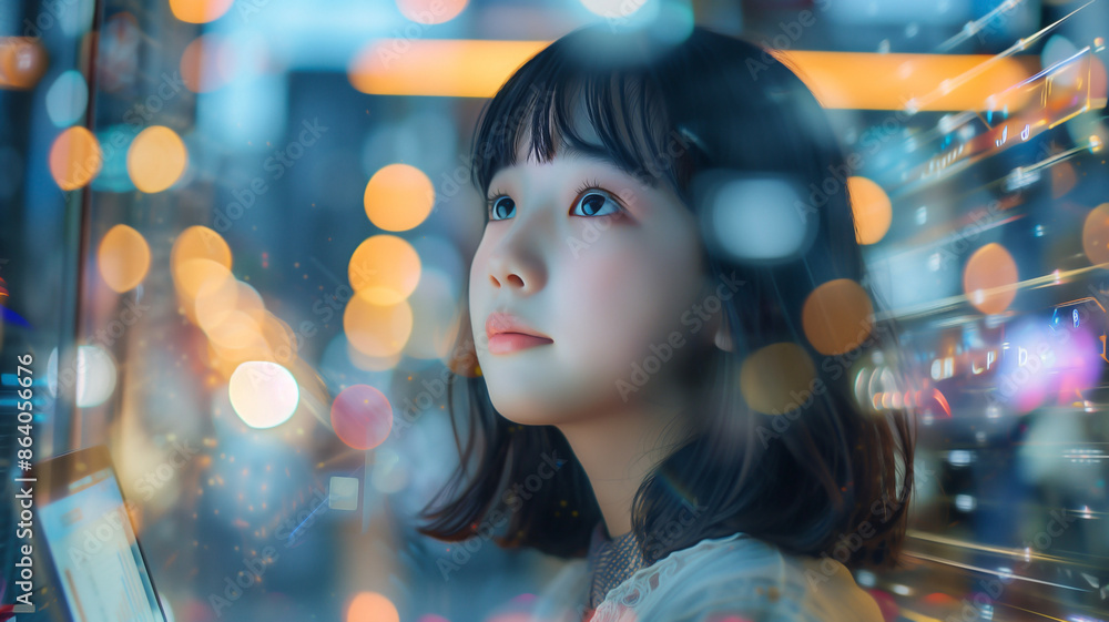 Futuristic Concept ,A modern Laptop and tablet store Blending a with an Asian teen student Girl's face in Wonder and happy expression Futuristic Concept ,A modern Laptop and tablet store Blending a with an Asian teen student Girl's face in Wonder and happy expression