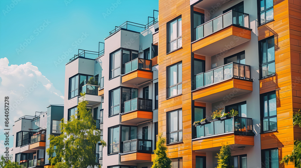 Modern apartment building with balconies and large windows, constructed with a combination of white and orange siding. Modern apartment building with balconies and large windows, constructed with a combination of white and orange siding.