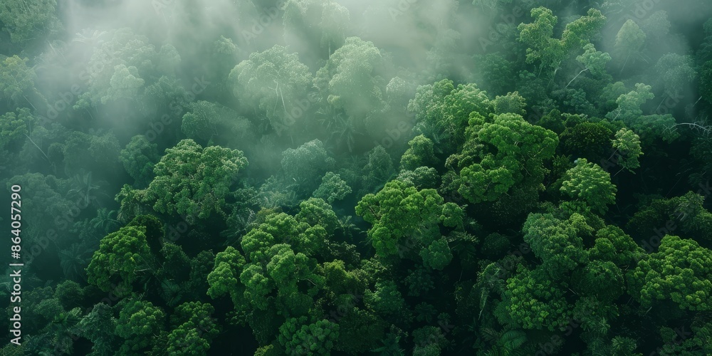 The photo shows a lush green rainforest canopy with a thick white mist or fog hanging over it. The photo shows a lush green rainforest canopy with a thick white mist or fog hanging over it.