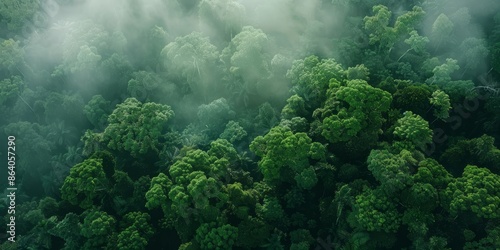 The photo shows a lush green rainforest canopy with a thick white mist or fog hanging over it. © silence