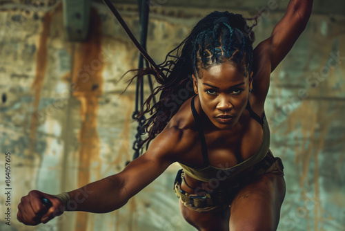 African american young stuntwoman on set performing a belay stunt