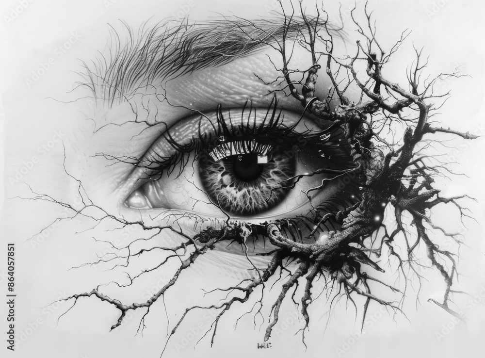 Obraz premium A surreal eye with intricate branches and roots growing out of it, evoking a sense of connection with nature and surrealism.