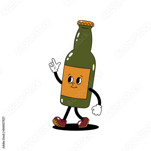 Vector color illustration of retro mascot character walking glass bottle of beer or soda. Vintage style 30s, 40s, 50s old animation. Sticker isolated on white background.