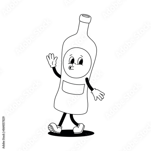 Vector linear monochrome illustration of retro mascot character of walking glass vermouth bottle. Vintage style 30s, 40s, 50s old animation. Isolated on white background.