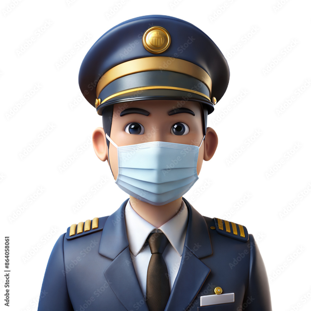 3D illustration of a cartoon pilot wearing a uniform and a face mask 3D illustration of a cartoon pilot wearing a uniform and a face mask