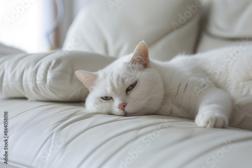 Close-up photo of a white cat sleeping on the white sofa