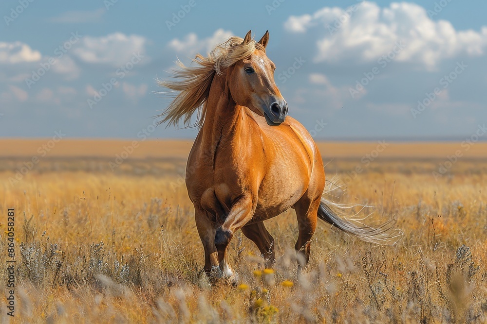 A Przewalski's horse galloping across the Mongolian steppe, its stocky build and sandy-colored coat standing out against the rugged terrain. A Przewalski's horse galloping across the Mongolian steppe, its stocky build and sandy-colored coat standing out against the rugged terrain.