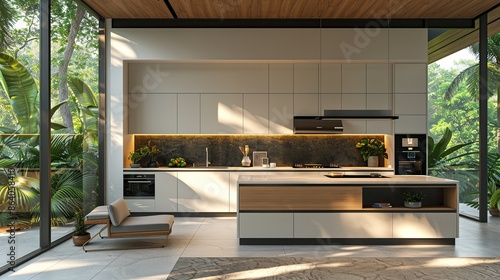Modern kitchen with greenery and sunlight