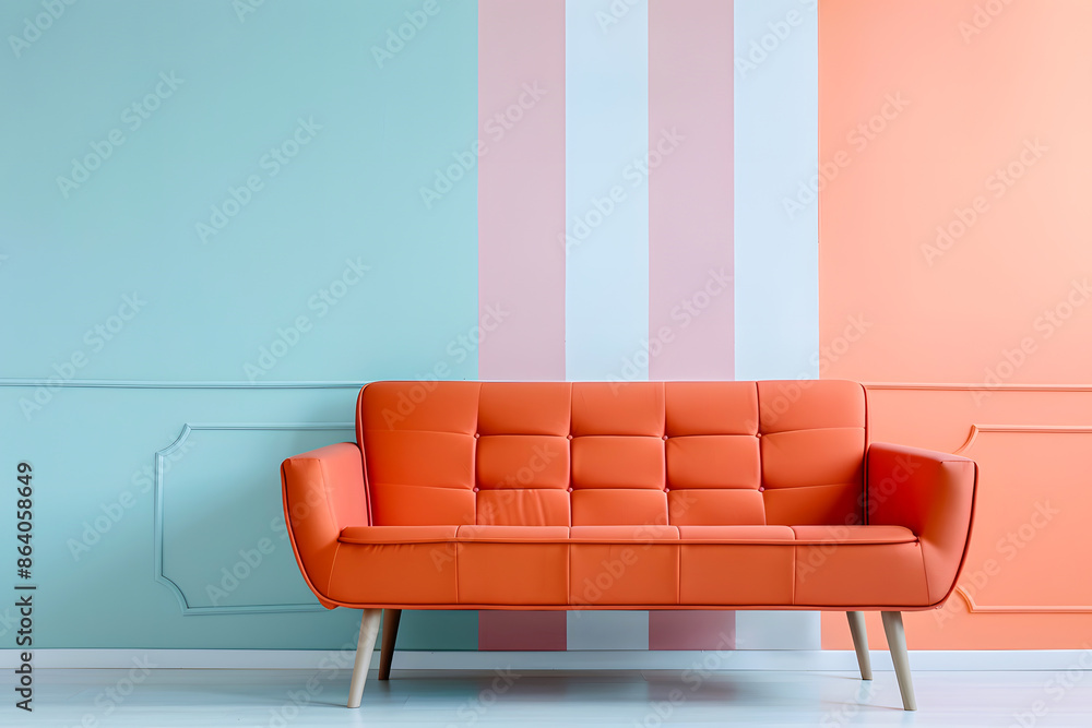 Modern living room with a stylish orange sofa against a pastel multi-colored wall, offering a touch of contemporary interior design. Modern living room with a stylish orange sofa against a pastel multi-colored wall, offering a touch of contemporary interior design.