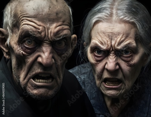 Elderly Couple Yelling in Anger Against Dark Background. Horror scary man and woman