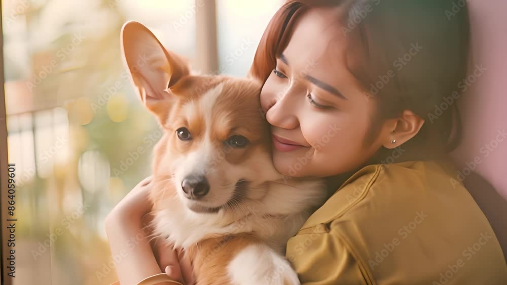Woman Hugging Happy Corgi by Window with Ai generated.
Woman Hugging Happy Corgi by Window with Ai generated.