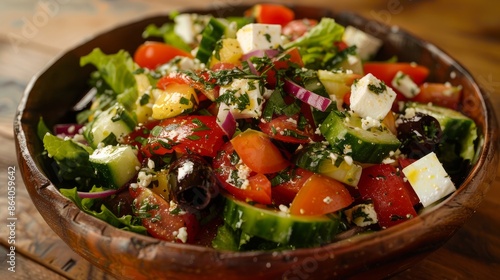 A delicious salad made with cheese and fresh veggies. It's like a Greek salad, but with your own special touch. photo