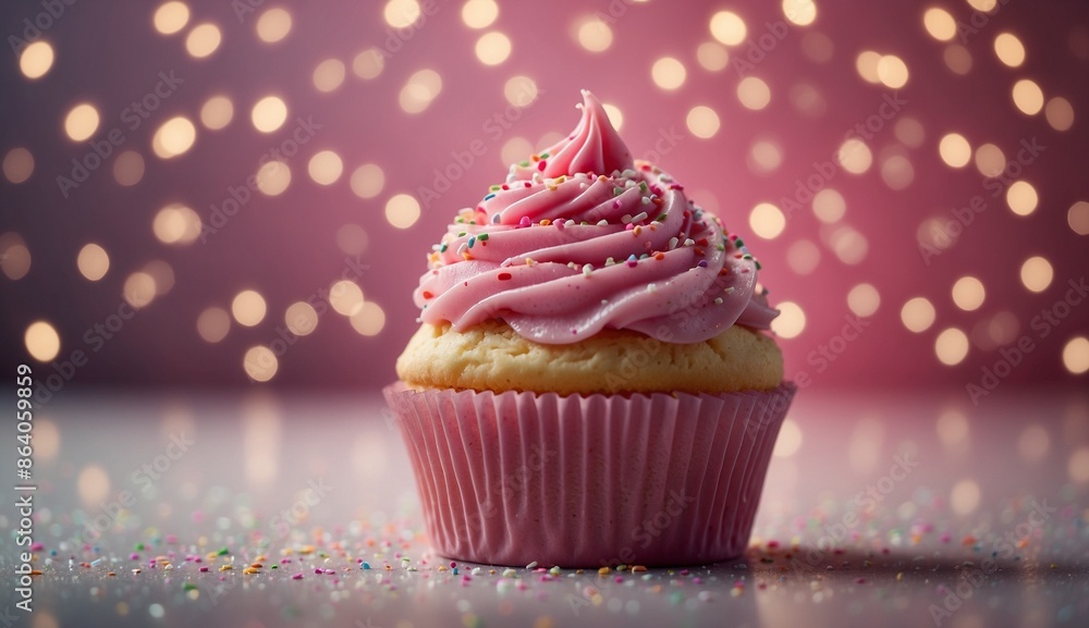 Delicious cupcake with pink frosting and colorful sprinkles. Delicious cupcake with pink frosting and colorful sprinkles.