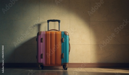 Colorful suitcase against a wall with a spotlight photo