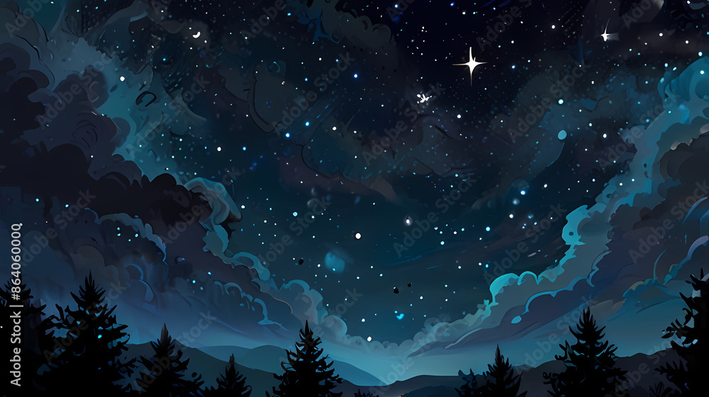 Naklejka premium Illustration a night sky background as if it were painted with gouache, with deep, rich blues and twinkling stars that shimmer like tiny brushstrokes