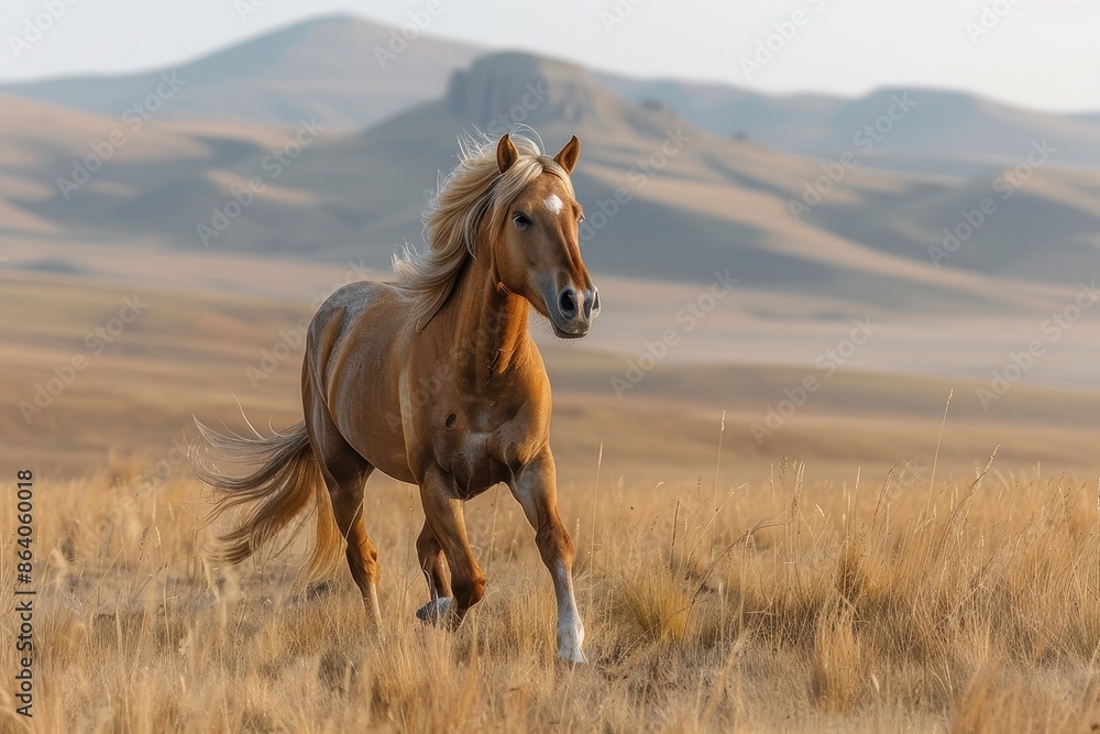 Fototapeta premium A Przewalski's horse galloping across the Mongolian steppe, its stocky build and sandy-colored coat standing out against the rugged terrain. 