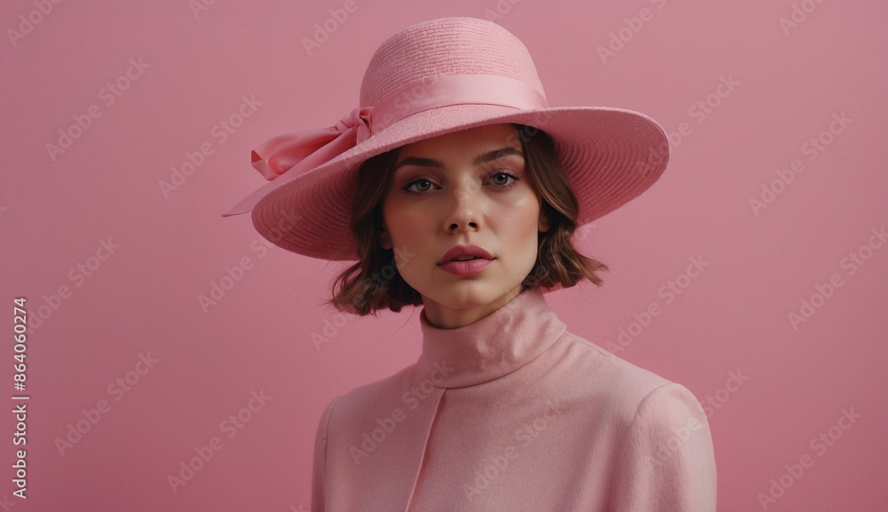 Woman in pink hat and turtleneck against pink background Woman in pink hat and turtleneck against pink background