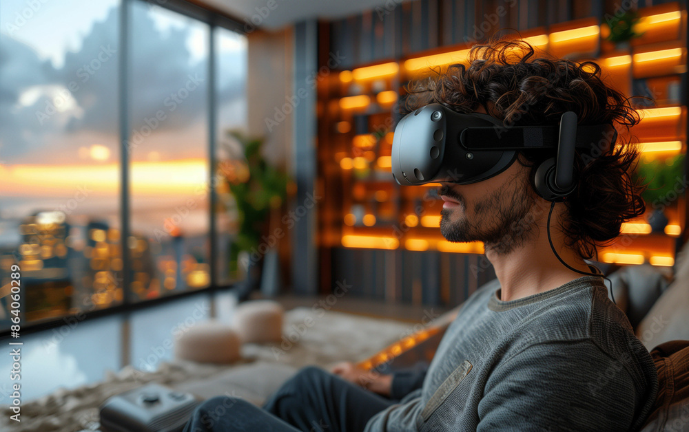 Man testing virtual glasses on couch. Generative AI Man testing virtual glasses on couch. Generative AI