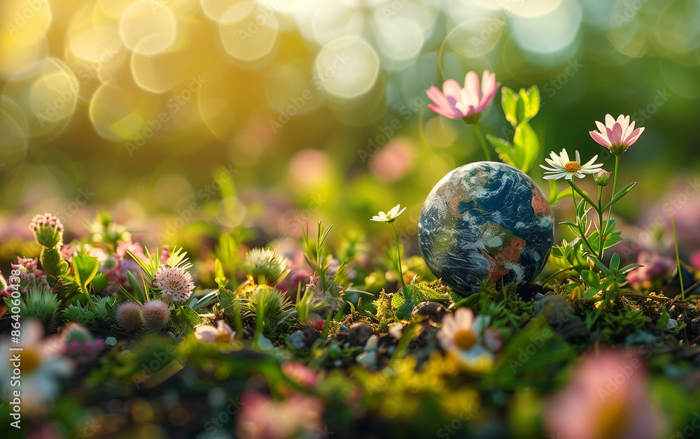 Small globe on lush green field. Generative AI Small globe on lush green field. Generative AI