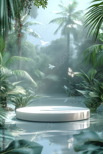 Oasis and dessert in a fantasy landscape background design with a round white podium in the center 