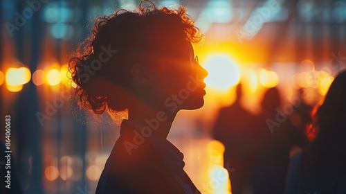 Silhouette of Woman at Sunset with Urban Background photo