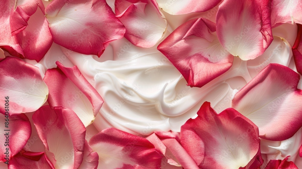 Close up photograph of milk cream applied as a vital component in a facial treatment for achieving vibrant fresh and healthy skin on red and pink rose petals Close up photograph of milk cream applied as a vital component in a facial treatment for achieving vibrant fresh and healthy skin on red and pink rose petals