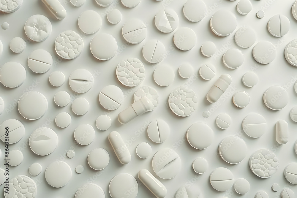 Assorted white tablets and pills arranged on a light background, showcasing variety in shape and texture for medical and pharmaceutical use. Assorted white tablets and pills arranged on a light background, showcasing variety in shape and texture for medical and pharmaceutical use.