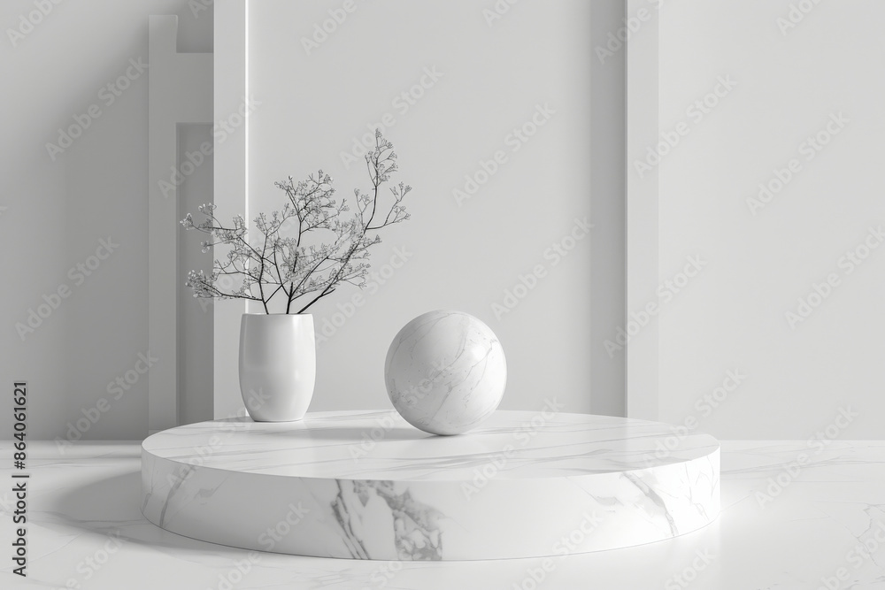 A 3D render of a blank podium display in white marble, surrounded by sleek geometric shapes. This minimalist pedestal provides a stylish and refined scene for product presentations or mockups, A 3D render of a blank podium display in white marble, surrounded by sleek geometric shapes. This minimalist pedestal provides a stylish and refined scene for product presentations or mockups,