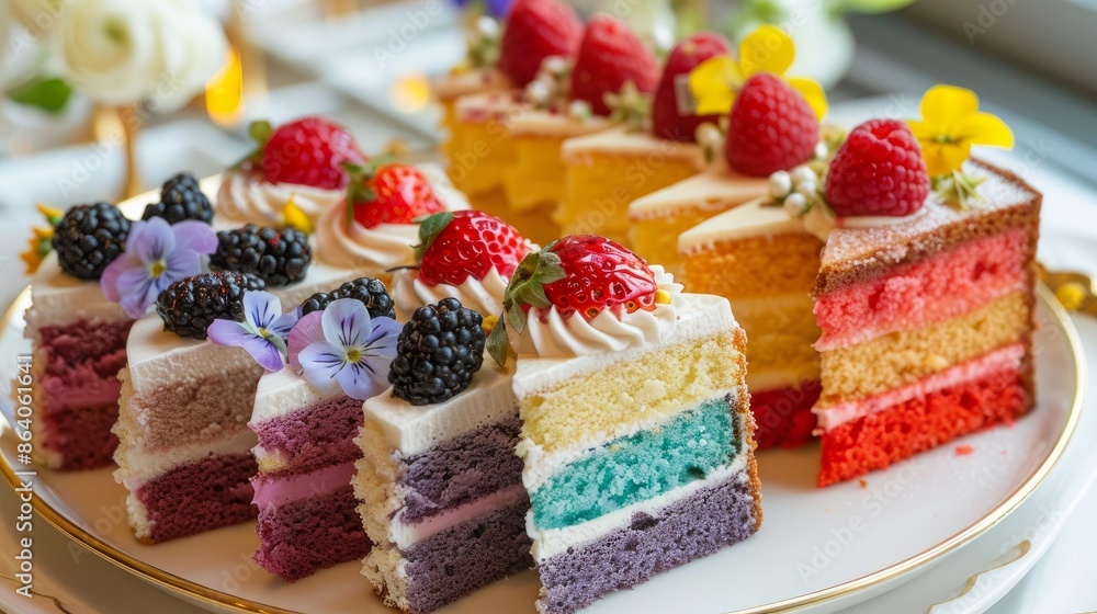A platter of colorful cakes, including rainbow, raspberry, and almond, adorned with fresh berries and flowers for a festive occasion. A platter of colorful cakes, including rainbow, raspberry, and almond, adorned with fresh berries and flowers for a festive occasion.