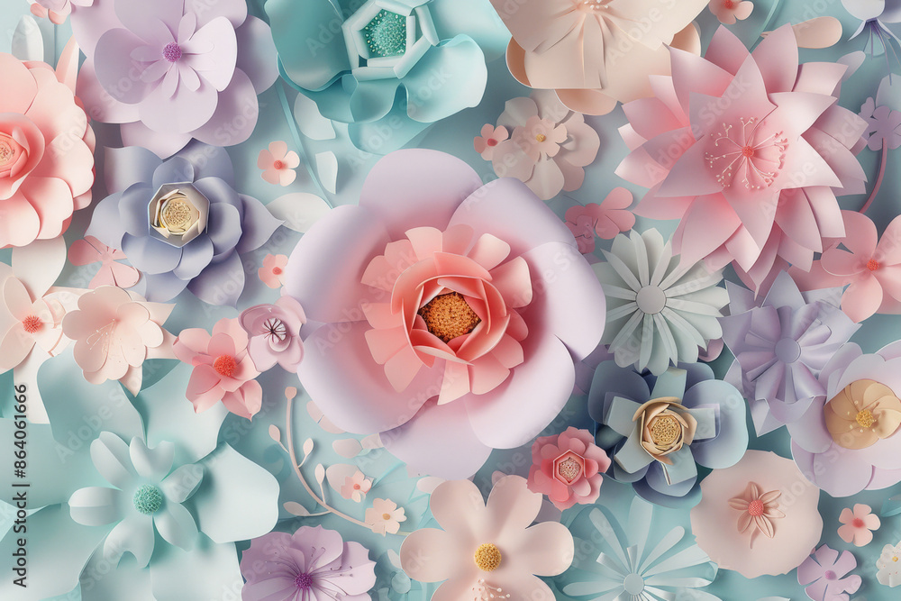 A 3D render of pastel paper flowers creating an elegant, blooming wall. Perfect for Valentine's Day, Easter, Mother's Day, or wedding cards, this digital illustration in paper art style captures the A 3D render of pastel paper flowers creating an elegant, blooming wall. Perfect for Valentine's Day, Easter, Mother's Day, or wedding cards, this digital illustration in paper art style captures the