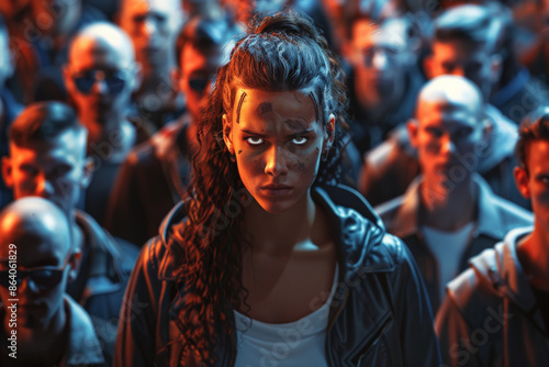 A defiant woman stands out as a unique leader, her anger and determination evident in her stance, amidst a dystopian crowd. This 3D illustration captures her individuality as she rallies people in a