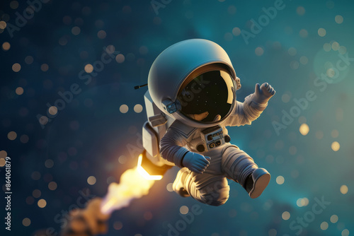 A dynamic 3D render of an astronaut flying with a rocket, set against the backdrop of outer space. This illustration emphasizes the thrill of exploration, with the astronaut and rocket depicted in © AI_images