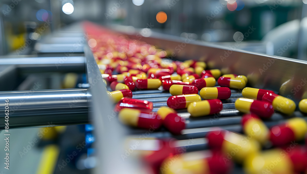 Conveyor belt with red and yellow capsules at a pharmaceutical manufacturing plant, showcasing automated production of medicines. Conveyor belt with red and yellow capsules at a pharmaceutical manufacturing plant, showcasing automated production of medicines.
