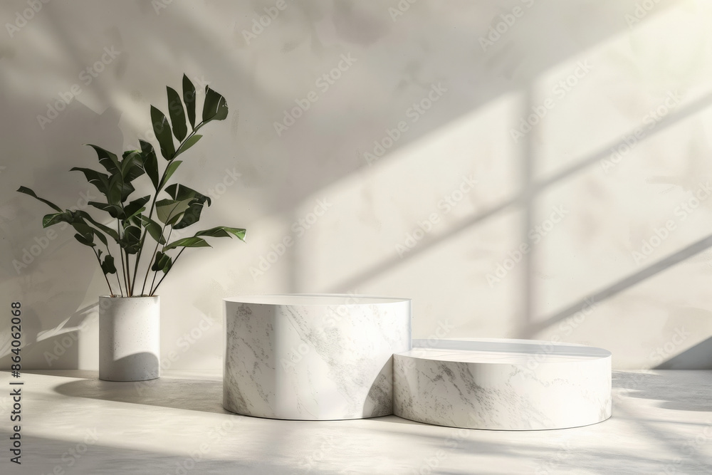 A modern 3D rendering featuring geometric forms and a white marble podium display. The blank pedestal offers a minimalist and elegant backdrop, ideal for showcasing products or creating mockups in a A modern 3D rendering featuring geometric forms and a white marble podium display. The blank pedestal offers a minimalist and elegant backdrop, ideal for showcasing products or creating mockups in a