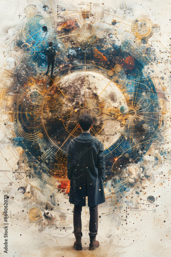 Obraz premium Person standing before a cosmic, detailed celestial map, representing exploration and curiosity.
