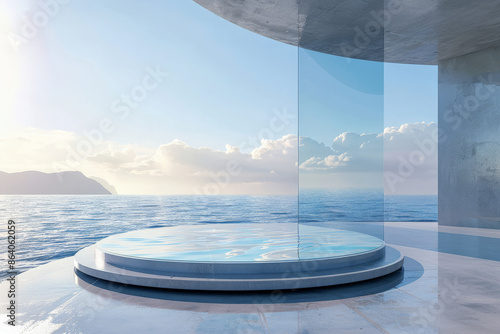 A modern 3D render featuring a round platform on a blend of water and sand, encased by glass wall panels. The minimalistic landscape in blue colors offers a geometric backdrop with ample empty space, photo