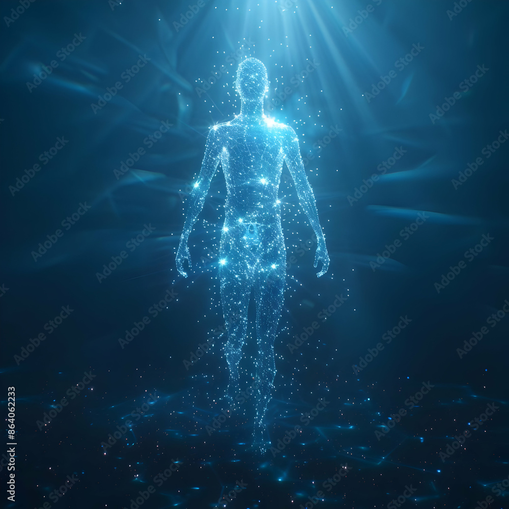 Futuristic digital human figure composed of glowing particles in a deep blue virtual space, symbolizing technology and innovation. Futuristic digital human figure composed of glowing particles in a deep blue virtual space, symbolizing technology and innovation.