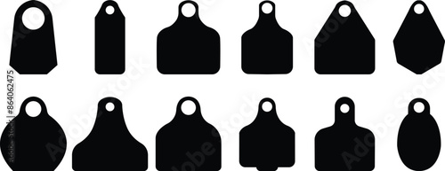 Cow Tag icon set Ear tag sign beefs symbol or logo flat sign, Black identification label element for domestic farm animals livestock. isolated on transparent background, earmark mockups for livestock.