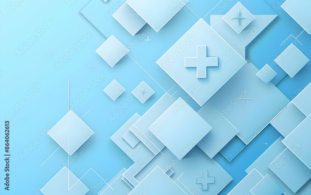 Obraz premium Modern abstract geometric background with floating blue squares and crosses on a gradient backdrop, perfect for technology or medical themes.