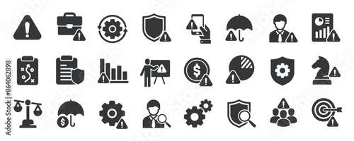 Risk management glyph solid icons collection. Containing management analysis, strategy, identify, finance protection. For website marketing design, logo, app, template, ui, etc. Vector illustration.