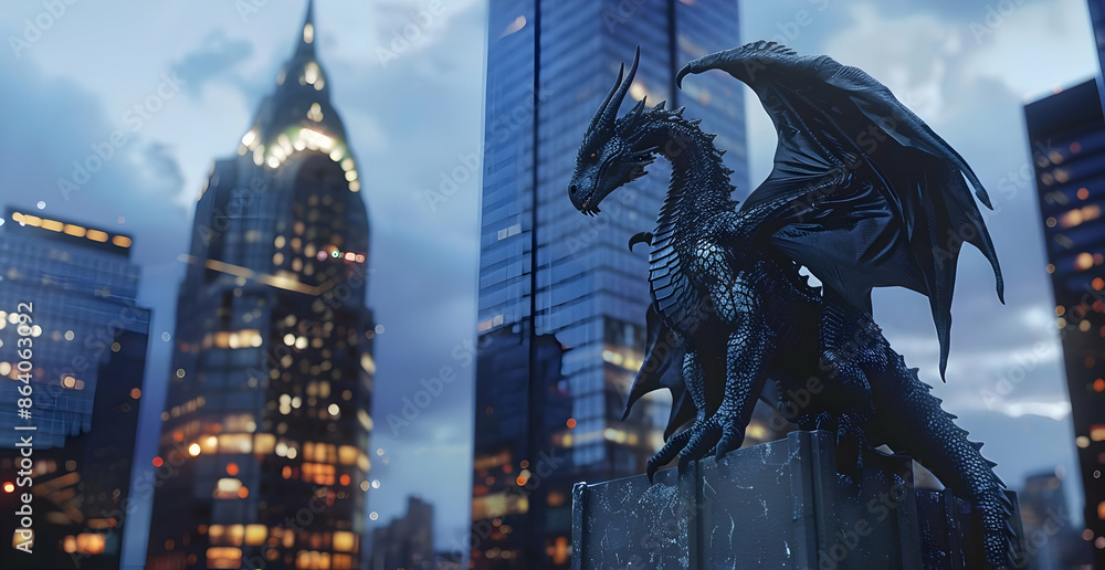 Fototapeta premium A majestic dragon statue perched high in a modern cityscape, framed by tall skyscrapers and a twilight sky.