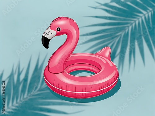 Illustration of an inflatable pink flamingo and palm leaves shadows on light blue background
