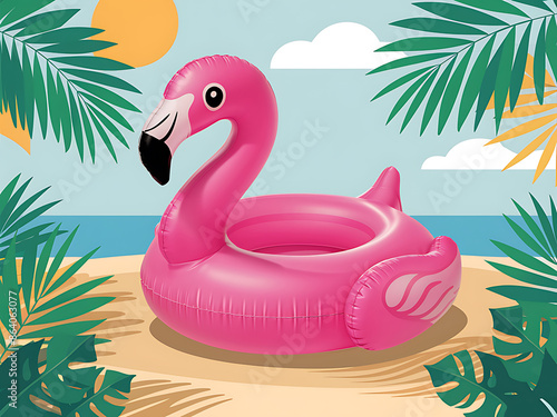 Illustration of an inflatable pink flamingo and palm leaves shadows on light blue background